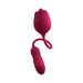 Red dual-ended silicone pleasure toy with rose-shaped stimulator and textured vibrating bullet connected by flexible cord.