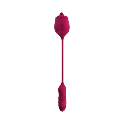 Red dual-ended silicone pleasure toy with a textured bullet and velvet rose-shaped stimulator connected by a flexible cord.
