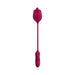 Red dual-ended silicone pleasure toy with a rose-shaped vibrating tip and textured thrusting bullet connected by a flexible cord.