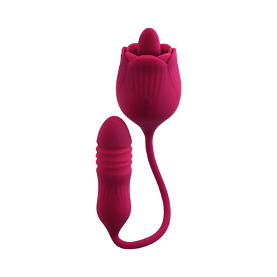 Red dual-ended silicone pleasure toy with a textured bullet and rose-shaped vibrating tip connected by a flexible cord.