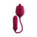 Red dual-ended silicone pleasure toy with a textured bullet and rose-shaped vibrating tip connected by a flexible cord.