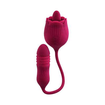Red dual-action silicone pleasure toy with textured bullet and rose-shaped stimulator connected by flexible cord.