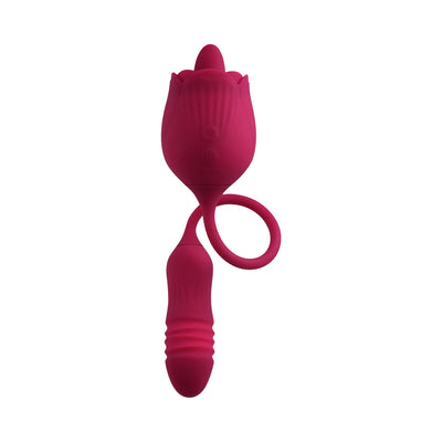 Red dual-action silicone pleasure toy with textured bullet and rose-shaped stimulator connected by a flexible loop.