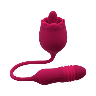 Red dual-action silicone pleasure toy with rose-shaped stimulator and textured vibrating bullet connected by a flexible cord.