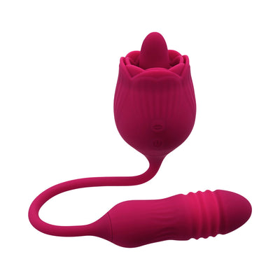 Red dual-ended silicone pleasure toy with rose-shaped stimulator and textured vibrating bullet connected by a flexible cord.