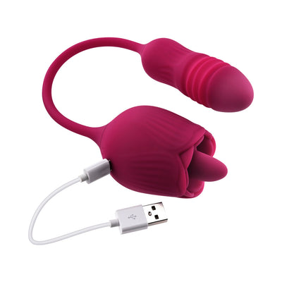 Red dual-action silicone pleasure toy with textured bullet and velvet rose tip, shown with USB charging cable.