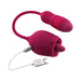 Red dual-action silicone pleasure toy with textured bullet and velvet rose tip, shown with USB charging cable.
