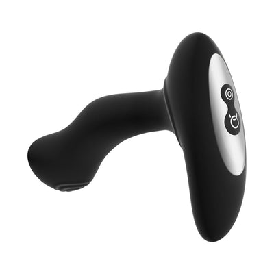 Black silicone thumping anal vibrator with ergonomic curved design and control buttons on the handle.