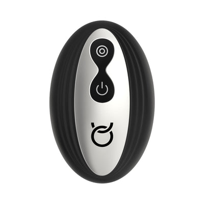 Black and silver oval remote control with power and mode buttons for Forto Thumping Anal Vibrator
