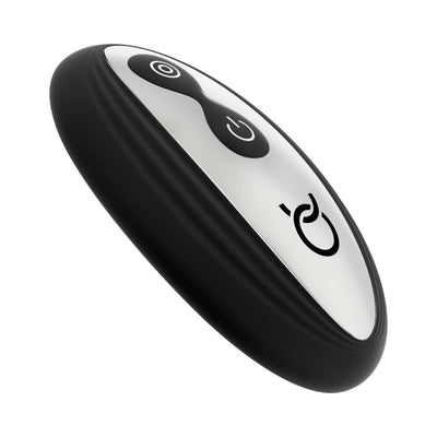 Black and silver oval remote control with power and mode buttons for Forto Thumping Anal Vibrator