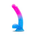Avant Chasing Sunsets dildo with vibrant pink to blue gradient and subtle glitter sparkle on a suction cup base.