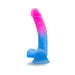 Avant Chasing Sunsets dildo with vibrant pink to blue gradient and subtle glitter sparkle, featuring a sturdy suction cup base.