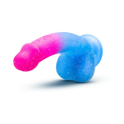 Avant Chasing Sunsets dildo with vibrant pink to blue gradient and subtle glitter sparkle on a white background.
