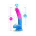 Avant Chasing Sunsets dildo in pink and blue gradient with glitter, showing dimensions and suction cup base.