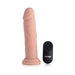 Realistic 7-inch silicone dildo with suction base and black wireless remote control on white background.
