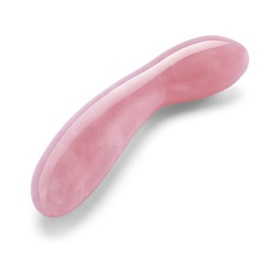 Smooth curved rose quartz crystal G-spot wand with a bulbous tip for precise internal stimulation.