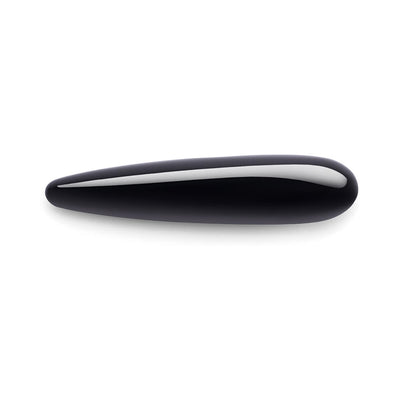 Sleek black obsidian crystal wand with a slim, tapered design and smooth polished surface on white background.