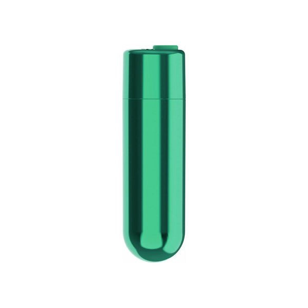 Compact teal rechargeable bullet vibrator with smooth finish and single button control.