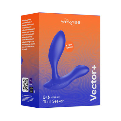 We-Vibe Vector+ prostate massager in blue with adjustable design shown on orange and purple gradient packaging with app and remote features.