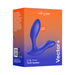 We-Vibe Vector+ prostate massager in blue with adjustable design shown on orange and purple gradient packaging with app and remote features.