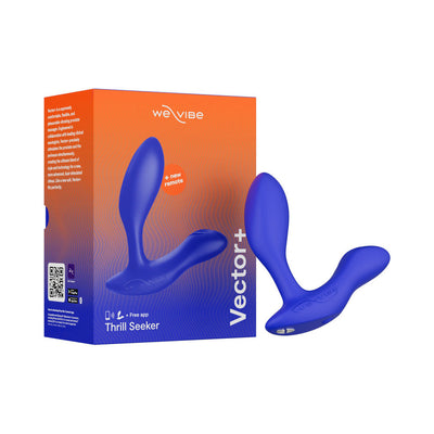 Blue We-Vibe Vector+ prostate massager with adjustable design shown next to its orange and blue packaging box.
