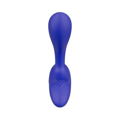 Blue adjustable-fit prostate massager with ergonomic shape and dual stimulation design.