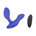 Blue adjustable-fit We-Vibe Vector+ prostate massager with black remote control on white background.