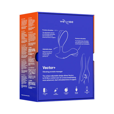 We-Vibe Vector+ prostate massager packaging highlighting adjustable fit, dual stimulation, and app control features.