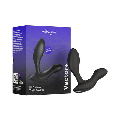 We-Vibe Vector+ prostate massager in black with adjustable design and packaging showing app and remote control features.