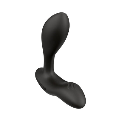 Black adjustable-fit prostate massager with curved design and textured base for dual stimulation and comfort.