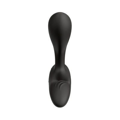 Black adjustable-fit prostate massager with ergonomic shape and smooth silicone finish for targeted dual stimulation.
