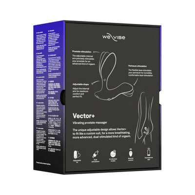 We-Vibe Vector+ prostate massager packaging showing product features and adjustable dual stimulation design diagram.