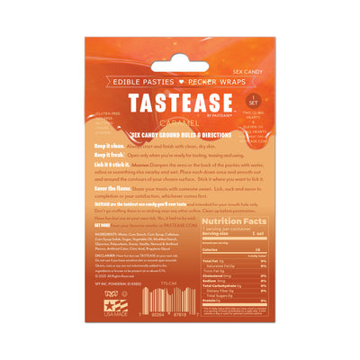 Back packaging of Tastease caramel candy edible pasties and pecker wraps with usage instructions and nutrition facts.