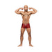 Smiling man flexing muscles wearing Male Power Disco Desire red and black holographic mini shorts on white background.