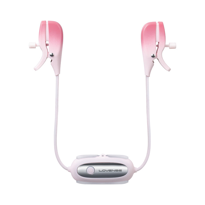 Lovense Gemini adjustable pink vibrating nipple clamps with connected control unit on white background