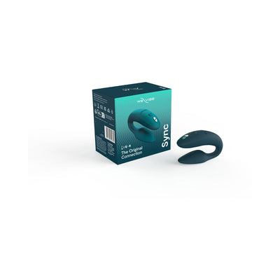 We-vibe Sync rechargeable silicone couples vibrator in green velvet with packaging box on white background.