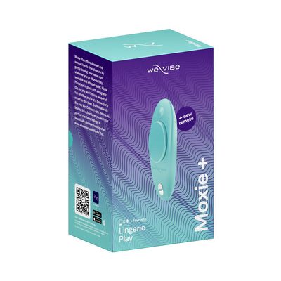 We-Vibe Moxie+ wearable clit vibrator in teal with packaging highlighting app control and new remote feature.