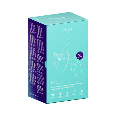 We-Vibe Moxie+ wearable clitoral vibrator packaging in teal with product features and illustration of remote control use.