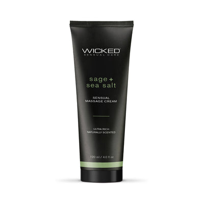 Tube of Wicked Sage + Sea Salt Sensual Massage Cream in black packaging with green accents, 4 oz size.