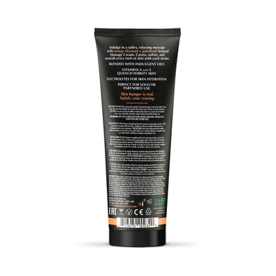 Back view of Wicked Orange Blossom + Patchouli Sensual Massage Cream tube with product details and usage instructions.