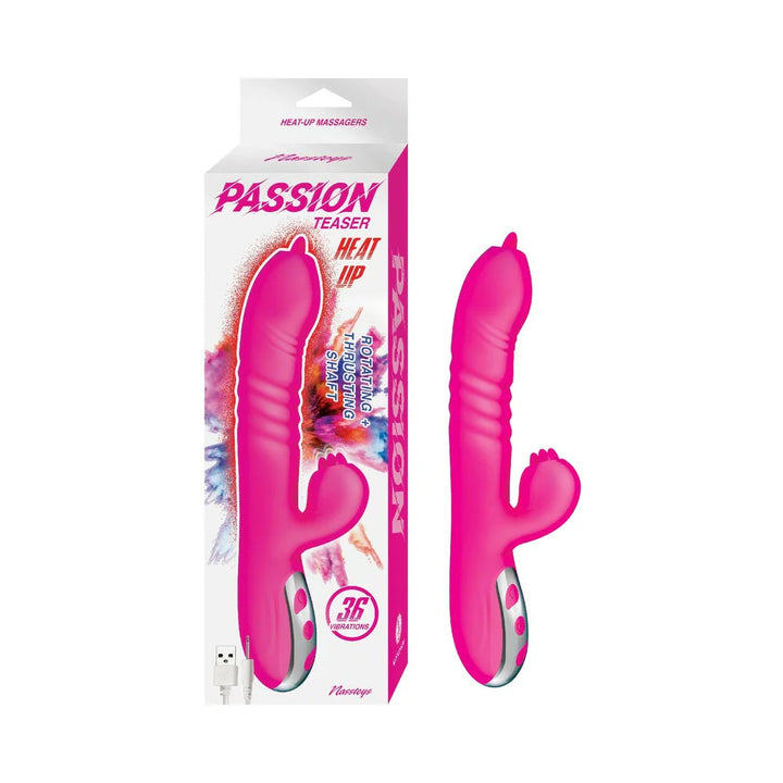 Pink dual stimulator with rotating and thrusting shaft, heating feature, and USB charger shown with packaging.