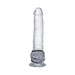 Clear silicone penis model wearing a black Firmtech Performing C-ring at the base.