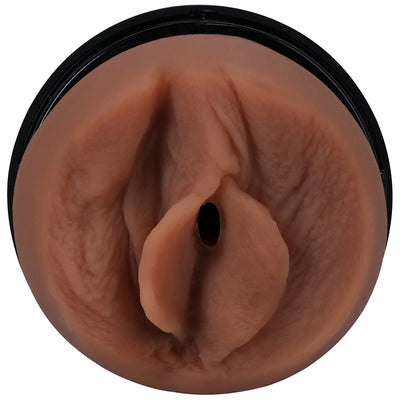 Tan lifelike ULTRASKYN stroker molded in a realistic design with a black hard outer case base.