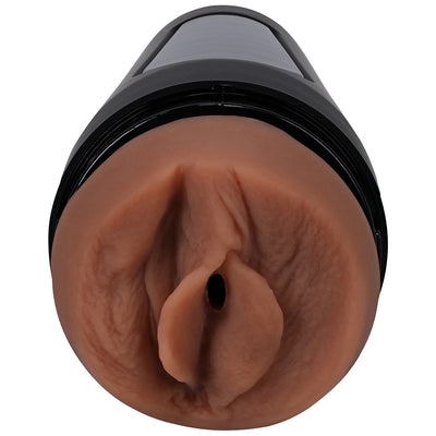 Tan ULTRASKYN stroker with lifelike textured vaginal opening in a black hard outer case.