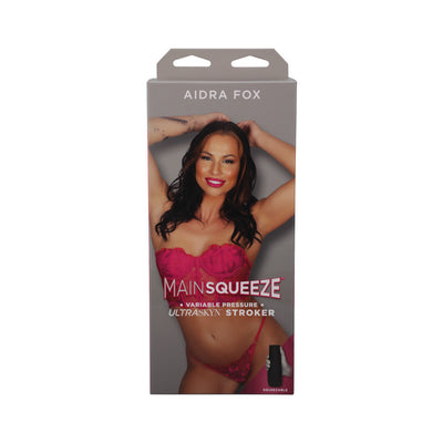 Packaging box for Main Squeeze Aidra Fox Ultraskyn stroker featuring a photo of a woman in red lingerie on the front.