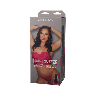 Packaging box of Main Squeeze Aidra Fox Ultraskyn stroker featuring a model in red lingerie on the front.