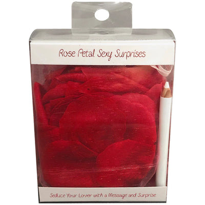 Kheper Games Rose Petal Sexy Surprises with red rose petals in a silky pouch and a white pencil for writing messages.