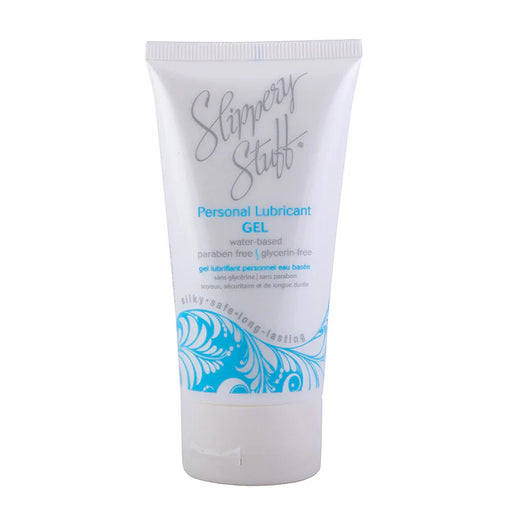 Tube of Slippery Stuff water-based personal lubricant gel with blue decorative design and clear labeling.
