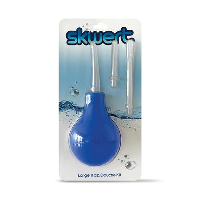 Boneyard Skwert Large 11 oz blue bulb douche kit with three clear interchangeable wands on water-themed packaging