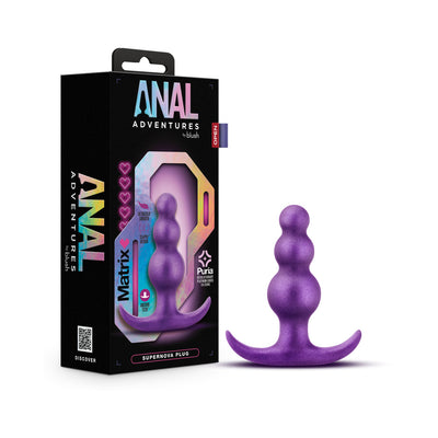 Purple Anal Adventures Matrix Supernova plug with graduated beads and flared base next to its black and iridescent packaging box.